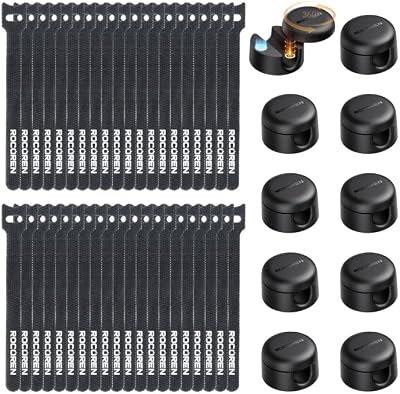 Rocoren 50 PCS Cable Management Kit 10 Magnetic Rotatable Cable Clips,40 Reusable Velcro Cord Organizer Straps, Cord Holder Accessories for Under Desk,Nightstand,Home and Office