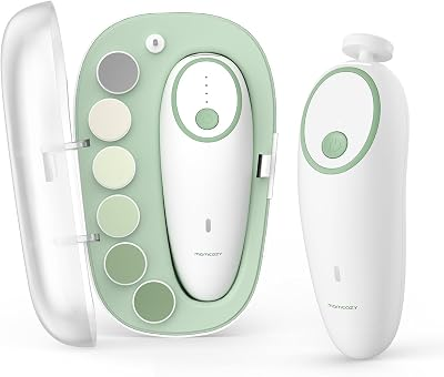 Momcozy Baby Nail File Electric, Gentle Baby Nail Trimmer Electric, Baby Nail Clipper with Night Light, 7 Grinding Head Replacement Pads, Green