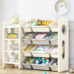 2-in-1 48″ Kids Toy Organizers and Storage Shelf with 12 Boxes | Large nursery bookshelf, playroom storage, HDPE plastic rack, Livingroom,bedroom organization,stuffed animal lego storage bin