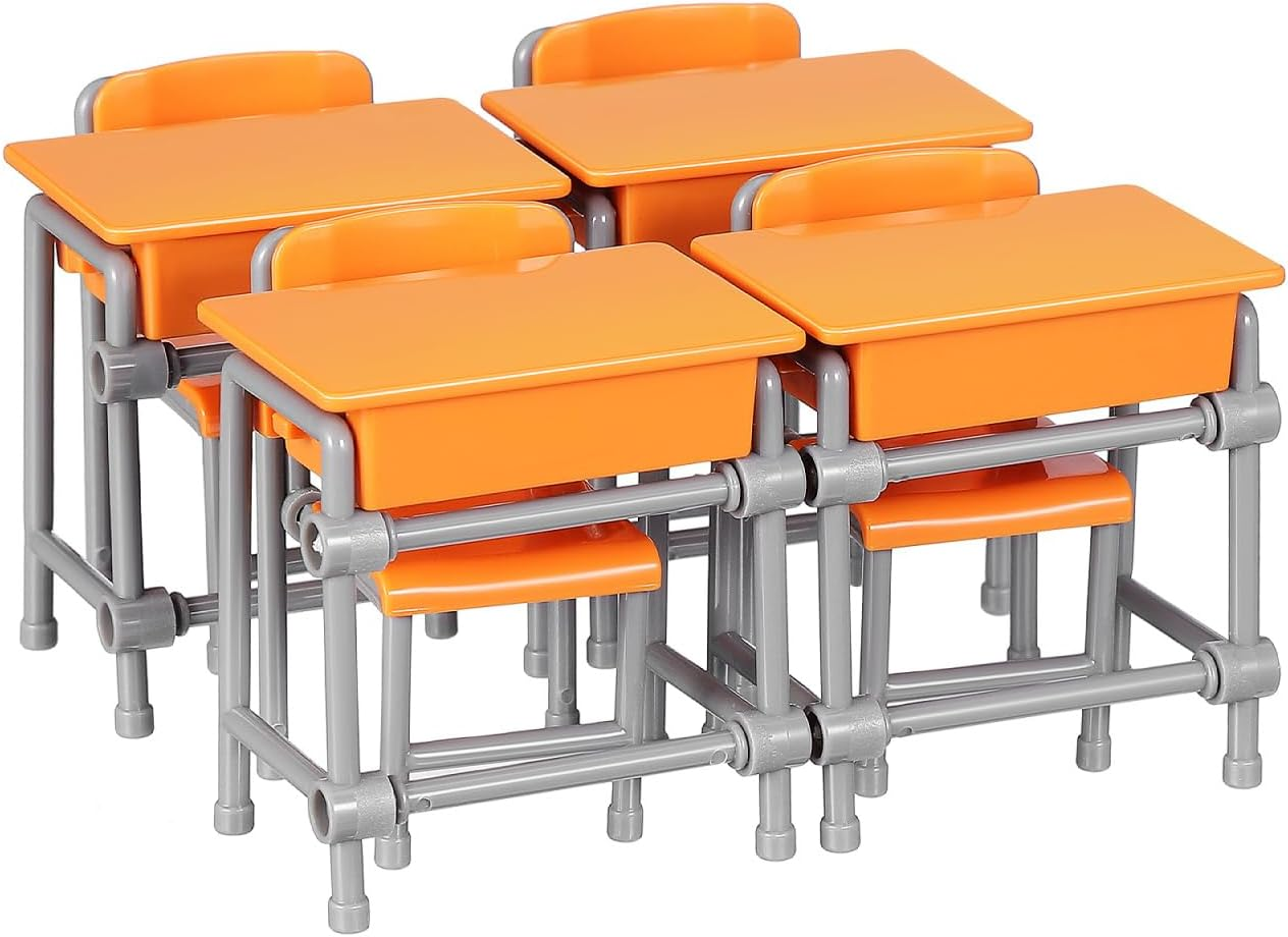 BESTonZON 4 Sets Miniature School Desk and Chair Model, 1:12 Scale Dollhouse Classroom Furniture Set, Plastic Mini Table Chairs for Diorama, Doll House Accessories & Mini School Supplies