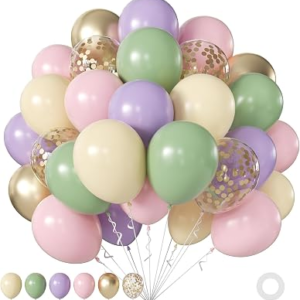60Pcs Pastel Balloons, 12Inch Sage Green Pastel Macaron Pink Purple Yellow Gold Confetti Balloons for Wildflower Fairy Theme Baby Shower Wedding Birthday Party Decorations