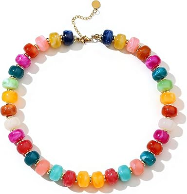 Bowdcvy Chunky Beaded Statement Necklace for Women Trendy Colorful Boho Resin Bead Choker Necklaces Summer Handmade Jewelry Gifts Accessories (Colorfu