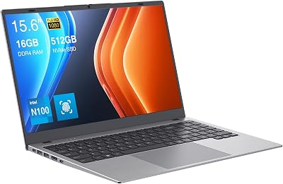 Laptop Computer, N100 Quad-Core, 16GB DDR5 512GB NVMe SSD (Silver) | 15.6" Ultra Thin Notebook, Fingerprint Unlock, Physical Privacy Camera Shutter, WiFi6/BT5.0, Full-Function USB-C PD Charging
