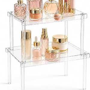 Spice Organization for Cabinet, 2 Pack Stackable Acrylic Shelf Set, Versatile Spice Rack Organizer for Kitchen Pantry, Countertop, Bathroom, Office, Apartment, Ideal for Small Spaces and Gift Giving