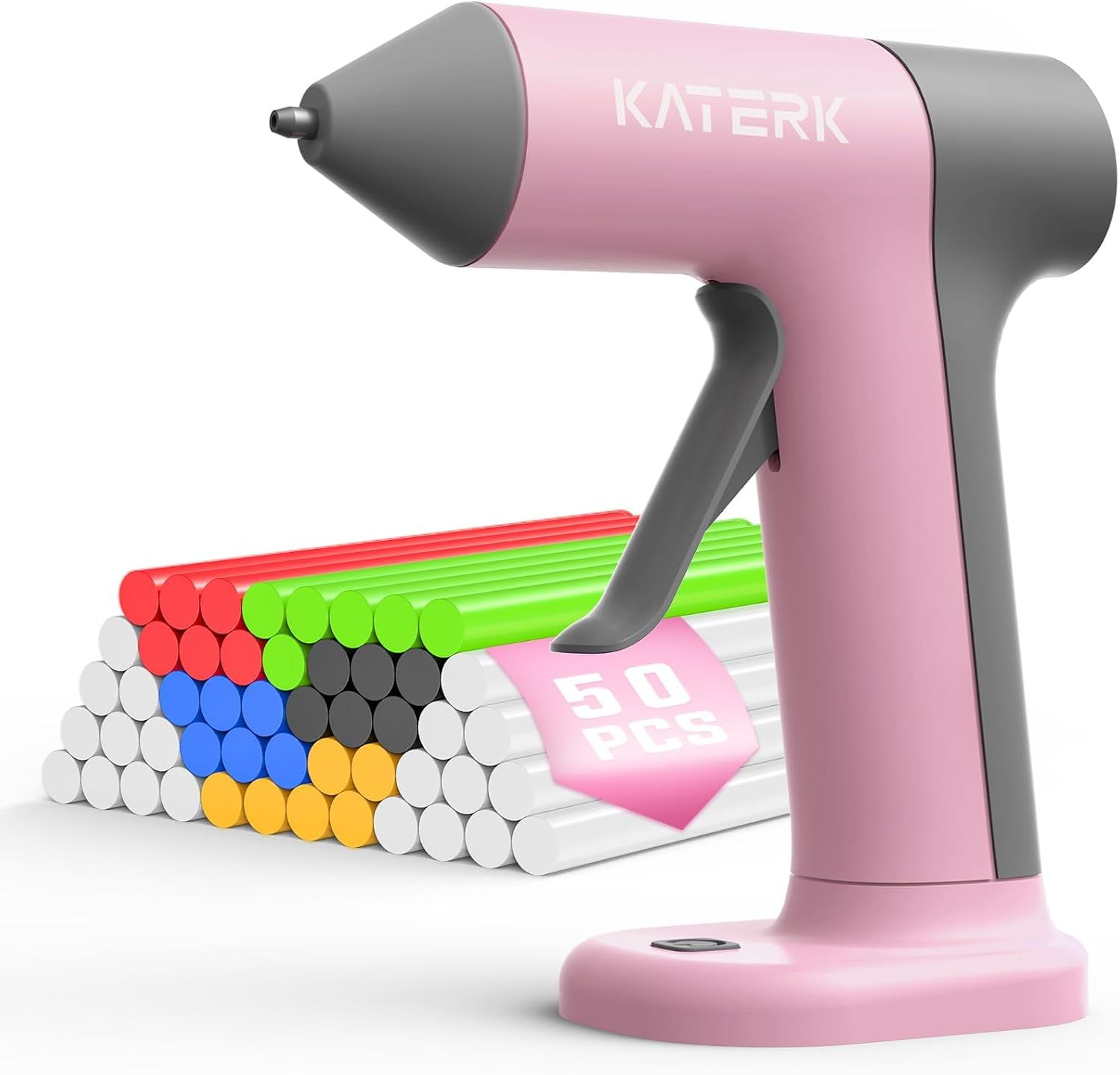 Katerk Cordless Hot Glue Gun, 50 Mini Glue Sticks, Rechargeable, Pink