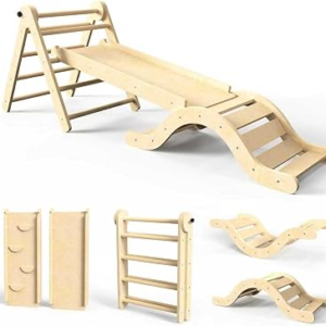 Pikler Triangle Set 7in1 Toddler Climbing Toys Indoor Foldable Baby Climbing Toys Wooden Montessori Climbing Set with Arch, Ramp, Ladder for 1-3 Years, Jungle Gym for Kids (Natural)