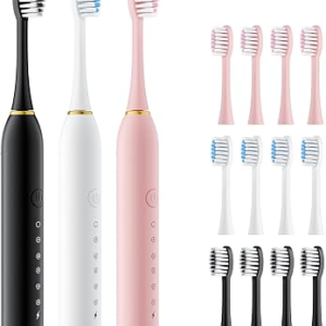 Dnil 3 Pack Sonic Electric Toothbrush Set with 42,000 VPM High-Frequency Vibrations, 6 Brushing Modes & Smart Timer, 12 Replacement Brush Heads for Deep Cleaning and Gum Care【Black+White+Pink】