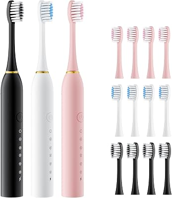 Dnil 3 Pack Sonic Electric Toothbrush Set with 42,000 VPM High-Frequency Vibrations, 6 Brushing Modes & Smart Timer, 12 Replacement Brush Heads for Deep Cleaning and Gum Care【Black+White+Pink】