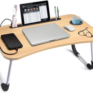 Slendor Lap Desk with Cup Holder, Foldable Laptop Table for Bed, Portable Bed Desk for Laptop and Writing, Computer Tray with Tablet Slot, Notebook Stand Reading Holder for Couch Sofa Floor,Walnut