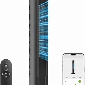 MORENTO Tower Fan for Bedroom, 2026 Upgraded 90° Oscillating Standing Fan with 4 Speeds, 4 Modes, 25ft/s High Speed Tower Fan with APP/Voice/Remote/Touch Control, 28dB, 12H Timer, Black 1Pack