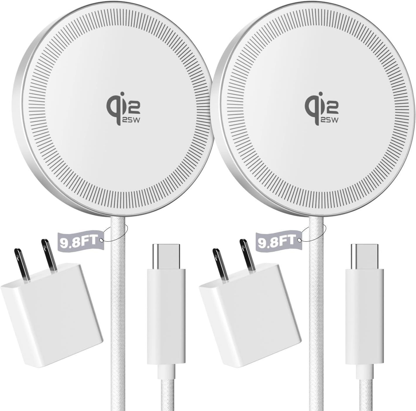 2Pack Magnetic Wireless Charger 25W Fast Charger for iPhone 17/16/15/14/13/12 Series & AirPods, Portable Wireless Charging Pad for Travel Home Office Desk, 9.8FT-White with Plug
