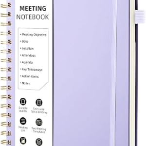 WEMATE Meeting Notebook for Work B5 (7″x10″) – PU Leather Work Notebook with Agenda, Action Items & Notes – 200 Pages for Men&Women, Staff and Students, Meeting, Projects Planning – Light Purple
