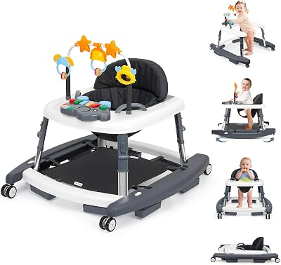 5-in-1 Music and Lights Foldable Baby Walker, Baby Walker with Wheels Portable with 5 Adjustable Heights, Infant Toddler Walker for Baby Boy Girls 6-18 Months(Grey)