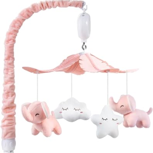 FEISIKE Mobile for Crib Bassinet Girls Baby Mobiles with 3 Modes Digital Music Box（Turn Only, Music Only, Turn & Music, 35 Lullabies, Pink Elephant Nursery Mobile, Clamp Type, Pretty Box Packaging