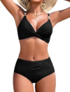 UMIPUBO Women Tummy Control Bikini Set High Waisted Full Coverage Two Piece Swimsuit V Neck Pearl Accents Bathing Suit