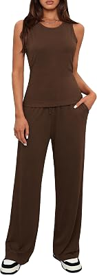 Totatuit Women 2 Piece Sets Summer Lounge Matching Sets | Round Neck, Sleeveless Top, Wide Leg Pants, Vacation Travel Outfits
