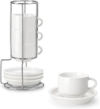 MALACASA 2.5 OZ Porcelain Espresso Cups with Saucers and Metal Stand Set of 4, Stackable Cappuccino Cups, White Expresso Shots Cup Set for Coffee Drinks, Latte, Tea