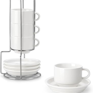MALACASA 2.5 OZ Porcelain Espresso Cups with Saucers and Metal Stand Set of 4, Stackable Cappuccino Cups, White Expresso Shots Cup Set for Coffee Drinks, Latte, Tea