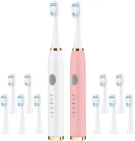 Dnil 2-Pack Rechargeable Sonic Toothbrush for Adults, Long-Lasting Battery Operated, 35,000 VPM Fast Brushing, Includes 10 Brush Heads and 5 Mode Options for Personalized Oral Care (White & Pink)