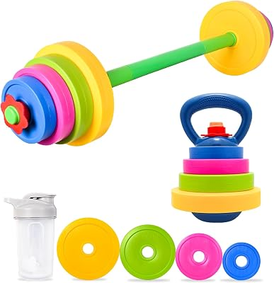 Toddler Weights Gym Set Barbell Kettlebell Kids Fitness Gift Toy | Kids weights set with barbell, kettlebell and water bottle, kids fitness toy workout gift for boys girls exercise play