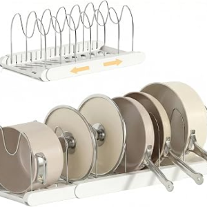 Expandable Pots and Pans Organizer Under Cabinet, 7 Stainless Steel Dividers, HIPS Base, 13-22 inch Heavy Duty Pan Rack with Lid Holder, Pot Organizer Inside Cabinet for Kitchen Storage