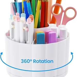 360 Rotating Pencil Pen Holder for Desk, White Pen Organizer with 6 Slots, Cute Office Supplies, Desk Accessories for Office, School, Home