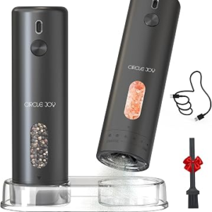 CIRCLE JOY Rechargeable Electric Salt and Pepper Grinder Set with Base, Automatic Pepper Mills with 110ml Container, External Adjustable Coarseness, White Led Light and One-Handed Operation, Black