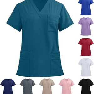 Scrub Tops Women Stretch Short Sleeve V-Neck Medical Scrub Shirts | Breathable Easy Care Scrub Tops Soft Moisture-Wicking Medical Uniform Functional Loose Relaxed Nurse Work Shirts with Pockets