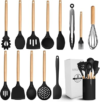 14 Pcs Black Kitchen Utensils Set with Holder for Nonstick Cookware – Silicone Cooking Utensils Set, Kitchen Tools for Daily Cooking – Wooden Handle Cooking Tools for Baking Serving and Mixing Tasks