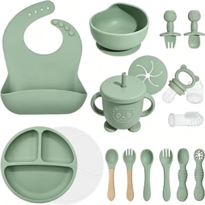 Silicone Baby Feeding Set 17 Pcs, Baby Led Weaning Supplies with Suction Plates & Bowls, Bib, Baby Utensils Spoons Forks, Sippy Cup, Fruit Feeder, Finger Brush, BPA-Free Eating Essentials (Green)