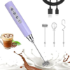 Nahida Light Purple Milk Frother Wand for Coffee, Frother Handheld Rechargeable Electric Whisk with 3 Heads 3 Speeds Drink Mixer Coffee Frother Foam Maker For Latte, Cappuccino, Hot Chocolate, Egg
