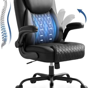 GTPOFFICE Executive Office Chair with Comfortable Lumbar Support, Ergonomic Gaming Chair with Flip-up Armrests & Zoned Pressure-Relief Cushion, Comfy PU Leather Desk Chair, Black