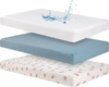 Baby Crib Sheets Cotton Muslin: 2 Crib Sheets Neutral and 1 Waterproof Baby Mattress Protector Cover for Boys Girl Fitted Toddler Bed Mattress 54 x 28 Inch (Bear, Blue, White, Crib)