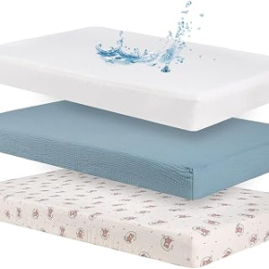 Baby Crib Sheets Cotton Muslin: 2 Crib Sheets Neutral and 1 Waterproof Baby Mattress Protector Cover for Boys Girl Fitted Toddler Bed Mattress 54 x 28 Inch (Bear, Blue, White, Crib)