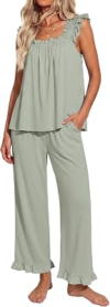 Ekouaer Women’s Ruffle Pajama Set 2 Piece Sleeveless Square Neck Tank Top & 9/10 Pants Loungewear Casual Pjs for Women Green