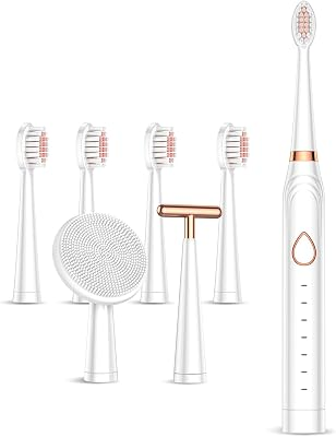 Sonic Electric Toothbrush, USB Rechargeable Powerful Sonic Cleaning Tooth Brush with 6 Modes, 5 Brush Heads + 1 Facial Cleansing Brush Head + 1 Face Massage Head Whitening Toothbrushes