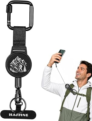 HASFINE Anti-Theft Phone Tether with Retractable Steel Lanyard & Locking Carabiner, Universal Phone Tether Tab, Drop-Proof Strap with Mountain Hiking Graphic for Outdoor Skiing & Hiking