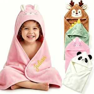 Personalized Baby Bath Towel for Newborn – Custom Animal Hooded Towel with Embroidered Name, Soft Coral Fleece Blanket for Toddlers 1-3, Highly Absorbent Bathrobe Blanket Gift for Boys & Girls