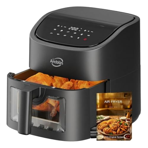 6.34 Quart Air Fryer with Visible Window, 12 Presets Basket Style Air Fryer, Large Capacity 304 Stainless Steel Heating Element, Touchscreen Control, Healthy Oil-Free Cooking, Black