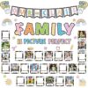 64Pcs Our Class Family is Picture Perfect Bulletin Board Set, Composition Notebook Photo Frame Back to School Bulletin Board for School Office Classroom Chalkboard Wall Decor