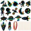 64 Set Space Theme Scratch Paper Rainbow Outer Space Scratch Cards DIY Rocket Scratch Paper Craft Art Cards Kits with Wood Stylus Ribbon for Home School Decor Christmas Birthday Space Party Favors