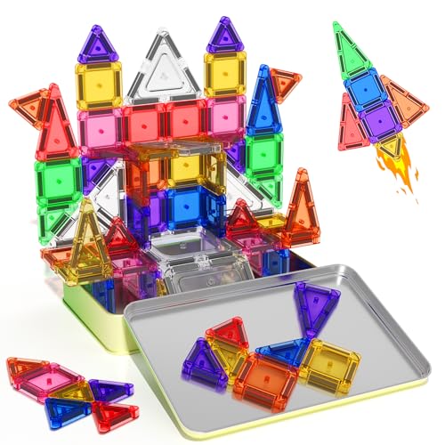 65PCS Mini Travel Magnetic Tiles with Case Set Toddler Essentials Toys, Magnetic Building Blocks Kids Games Sensory Montessori Education Learning Toys for 3+ Year Old Boys Girls Birthday Gifts