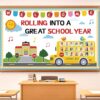 65Pcs Welcome Back to School Bulletin Board Decorations Set, School Bus Cutouts Name Tags with Yellow Border Trims Home Office School Classroom Decorations for Window Wall Door Chalkboard