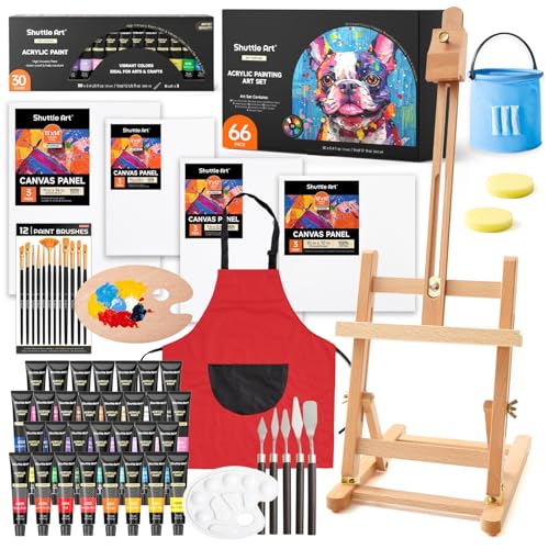 66 Pack Acrylic Paint Set, Shuttle Art Acrylic Painting Set with 30 Colors Acrylic Paint, Wooden Easel, Painting Canvas, Paint Brushes, Palettes, Art Painting Supplies for Kids Adults Beginner Artists