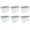 66 Qt Storage Bins 6-Pack, Clear Plastic Containers with Latch Lids, Green