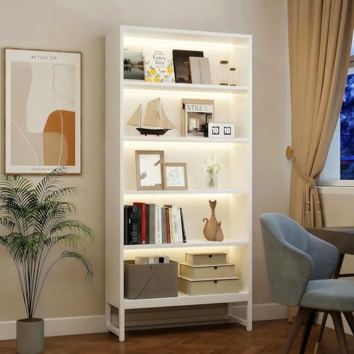 67.5'' Tall 5 Tier RGB LED Bookshelf Heavy-Duty MDF Metal Frame Display Cabinet Remote & App Controlled Music Sync Lights Anti-Tipping Kit & Adjustable Feet For Living Room Bedroom Office White