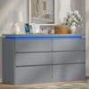 6 Drawer Dresser for Bedroom, 47.2" Long Grew Chest of Drawers with Charging Station & LED Lights,Curved Profile Design,Double Wooden Closet Storage Cabinet,Modern Dresser TV Stand with Deep Drawers