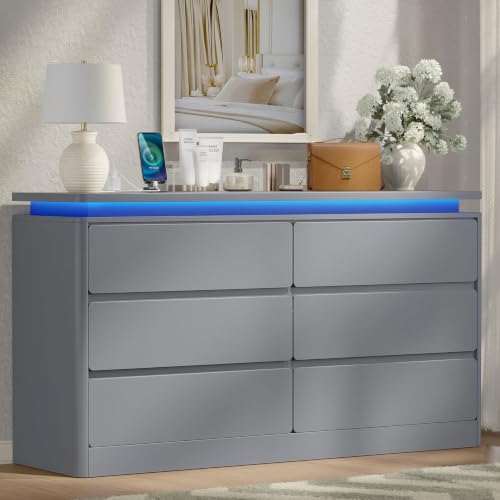 6 Drawer Dresser for Bedroom, 47.2" Long Grew Chest of Drawers with Charging Station & LED Lights,Curved Profile Design,Double Wooden Closet Storage Cabinet,Modern Dresser TV Stand with Deep Drawers