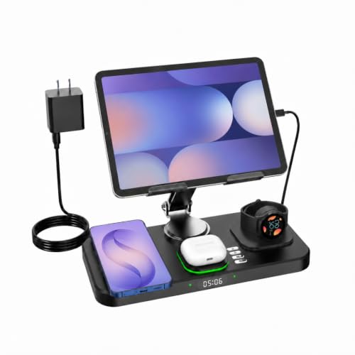 6 in 1 Charging Station for Samsung Multiple Devices, Foldable Wired Charging Stand for iPad/Tab with Clock & Light, Charger for S26/S25 Ultra/Z Fold 7 & Buds, Only for Galaxy Watch(Black)