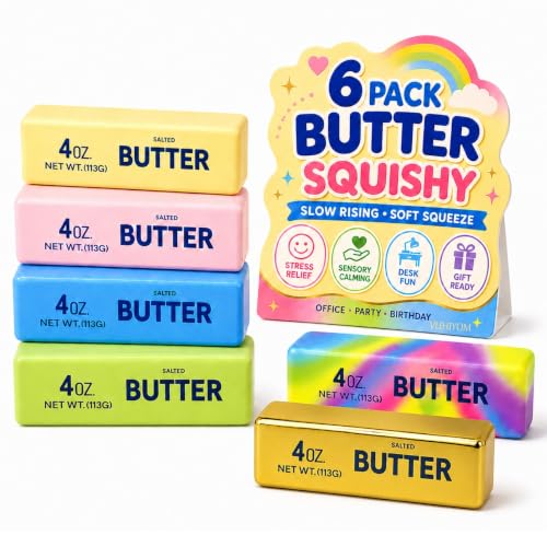 6 Pack Butter Squishy Stick, Slow Rising Soft Squeeze (Yellow, Pink, Gold, Colorful), Realistic Butter Bar Stress Relief Balls, Sensory Calming for Office Desk, Party Favors, Birthday Gifts